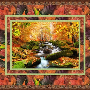 Quilt pattern for panel quilt easy for beginners showing Fall Leaves trees and river waterfall Autumn landscape