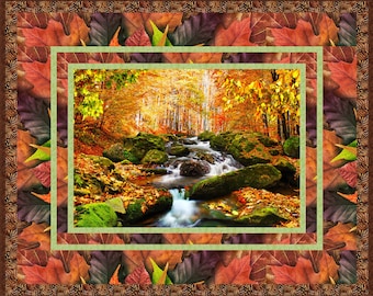 Painel de tecido para patchwork Autumn Forest River - Quadrado de tecido com folhas de outono