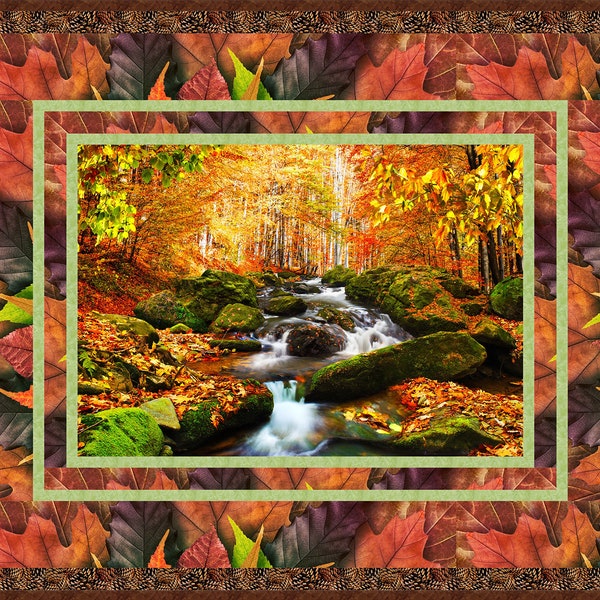 Quilt pattern for panel quilt easy for beginners showing Fall Leaves trees and river waterfall Autumn landscape