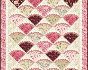 Scrappy Quilt pattern vintage Fans burgundy floral fabrics home decor paper piecing PDF rose green Maywood Studio large prints patchwork