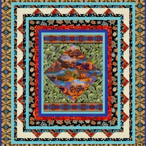 May include: A Southwestern-themed quilt pattern with a central diamond shape featuring a desert landscape. The diamond is surrounded by multiple layers of colorful geometric borders.