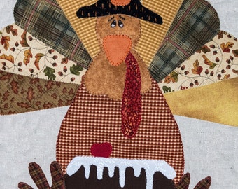 Appliqué quiltpatroon Thanksgiving-machine Appliqué Turkije en cake pdf Primitive Pilgrims Holidays