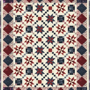 Patriotic Quilt pattern scrappy flag red blue Fanfare Fourth of July patchwork cream stars stripes fireworks batiks