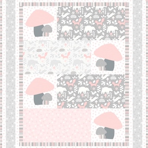 Beginner quilt pattern baby easy patchwork with mushrooms for nursery decor or gift