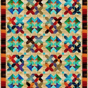 May include: A quilt with a geometric pattern in shades of blue, red, brown, and beige. The quilt is made up of squares with a repeating pattern of triangles and crosses.