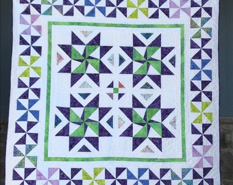 Handmade Batik Quilt: Modern Geometric Pinwheel Star Design