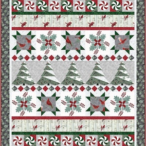 Christmas Quilt pattern row by row Holidays Flights of Whimsy with red green silver and white trees robin peppermint for a modern decor