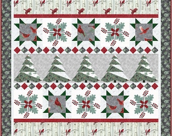 Kerstquiltpatroon rij voor rij Feestdagen Flights of Whimsy met rood, groen, zilver en witte bomen roodborstje pepermunt voor een modern decor