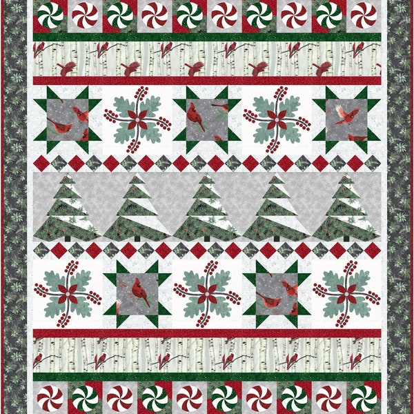 Christmas Quilt pattern row by row Holidays Flights of Whimsy with red green silver and white trees robin peppermint for a modern decor