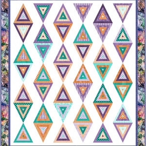 May include: A colorful quilt featuring a repeating pattern of diamond shapes. Each diamond is composed of nested triangles in shades of purple, teal, orange, and white. The quilt has a white background and a decorative border with floral and abstract patterns.