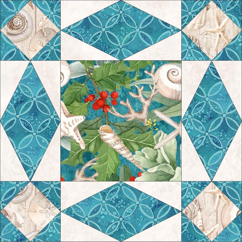 Christmas Quilt Pattern Scrappy Beach Holiday With Shells Teal Red