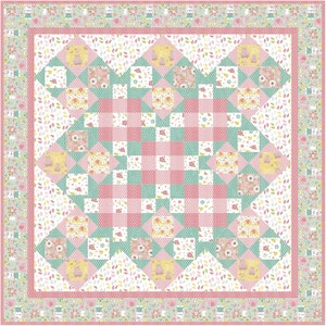 May include: A pink and green patchwork quilt with a floral pattern. The quilt is made up of squares and triangles, and it has a white background. The quilt is surrounded by a border of pink and green flowers.