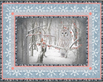 Quilt pattern for panel with owl snowflakes and winter scene birds birch trees snow for patchwork and quilting