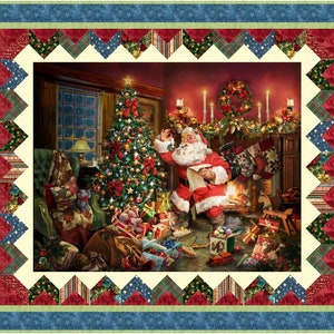 May include: Santa Claus is in a cosy living room, reading a list by the fireplace. A Christmas tree is decorated with baubles and lights. There are presents wrapped in colourful paper under the tree. The room is decorated with a wreath and garland.