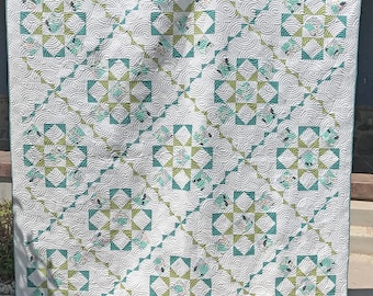 Modern bloemenquiltpatroon, groen blauwgroen (pdf-download)