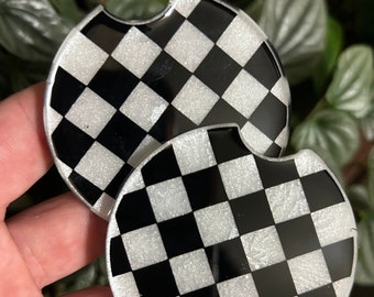 Black and White Checkered Car Coasters | Handmade Set of 2