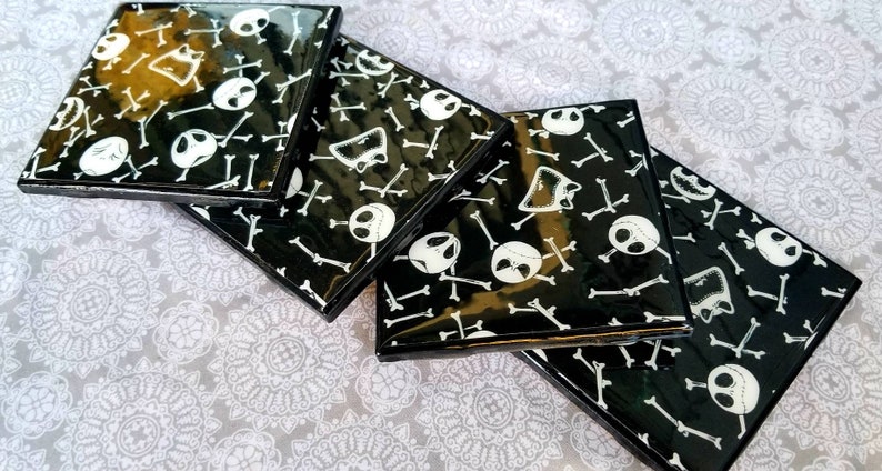 Tim Burton Jack Skellington Coasters Home Decor Jewelry Holder Set of Four Halloween Pot Holders Nightmare Before Christmas Gift Set