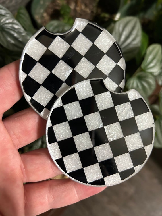 Black and White Checkered Car Coasters | Handmade Set of 2