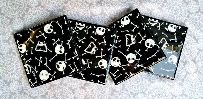 Tim Burton Jack Skellington Coasters Home Decor Jewelry Holder Set of Four Halloween Pot Holders Nightmare Before Christmas Gift Set