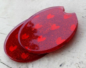 Red Glitter Heart Car Coasters, Epoxy Resin, Valentine's Day Gift (Set of 2)
