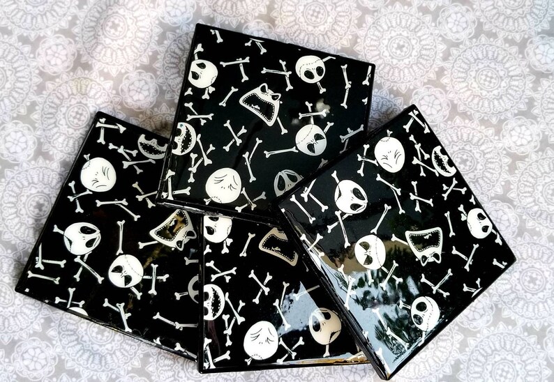 Tim Burton Jack Skellington Coasters Home Decor Jewelry Holder Set of Four Halloween Pot Holders Nightmare Before Christmas Gift Set