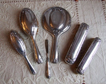 Italian silver 800 complete six pieces dresser vanity set: engraved ornate 2 clothes, 2 hair brushes, hand table mirror, tweezers