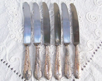 Italian Art Deco set of 6 old silverplate dessert knives. Victorian wedding flatware, cutlery. Inoxidable blade