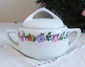 Italian Verbano Laveno Porcelain Sugar Bowl, Floral Decor, Gold Rim