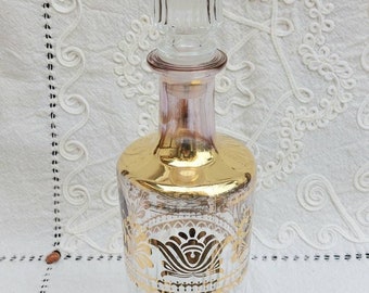 Vintage Italian Glass Liqueur Bottle: Gold Floral Decors, 1950s Barware