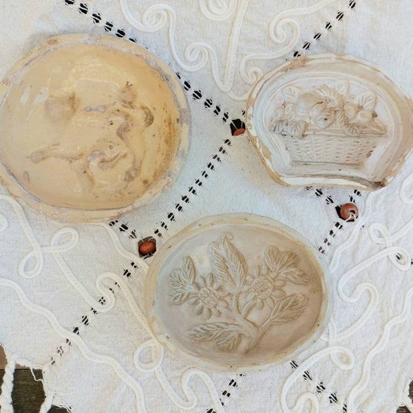 Rare Italian 1800s . quince jelly molds. Food mould. Primitive rustic majolica, usable stoneware. Flowers and basket patterns