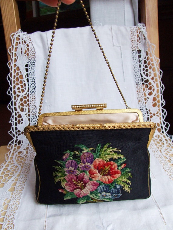 Italian black floral embroidered needlepoint peti… - image 2