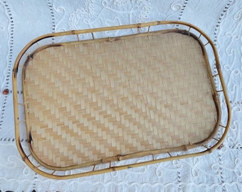 Handmade Bamboo & Straw Serving Tray: Rustic Kitchen Decor. Condition as new.