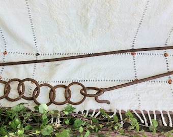 Antique Hand Forged Iron Chain with Hooks: Rustic Cauldron Hanger, 1800s