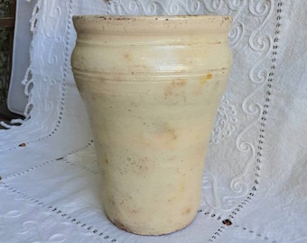 Antique Italian Terracotta Confit Pot: Creamy Glazed Rustic Pottery Vase