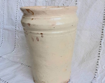 Antique Italian Terracotta Pot: Creamy Glazed Rustic Pottery Vase