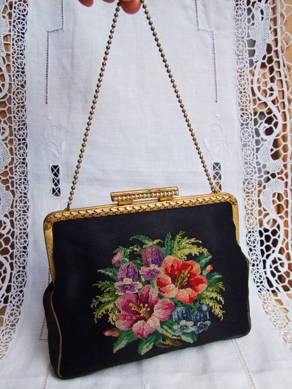 Italian black floral embroidered needlepoint peti… - image 1