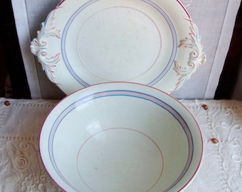 Antique Italian Ceramic Serving Set, Hand-Decorated Floral Bowl and Plate