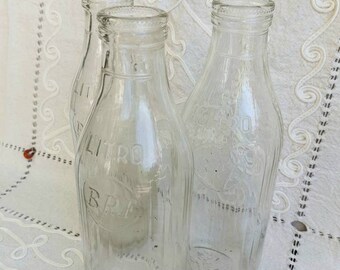 Embossed Italian Glass Milk Bottles: Vintage Kitchen Decor, Set of 3