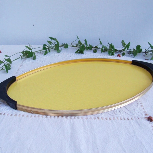 Vintage 1950 Italian serving tray with black handles. Made in Italy retro yellow large tray