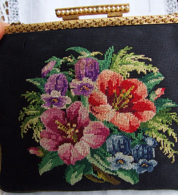 Italian black floral embroidered needlepoint peti… - image 3