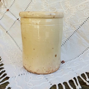 Peut inclure: Un pot en céramique vintage de couleur blanc cassé avec une surface légèrement texturée. Le pot a une large ouverture et un fond arrondi.