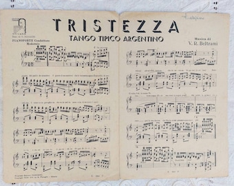 Italian 1930s piano music score, sheet music. "TRISTEZZA - Typical Argentine tango" and "Alla Viennese! Walts". Edizioni Panagini Novara.