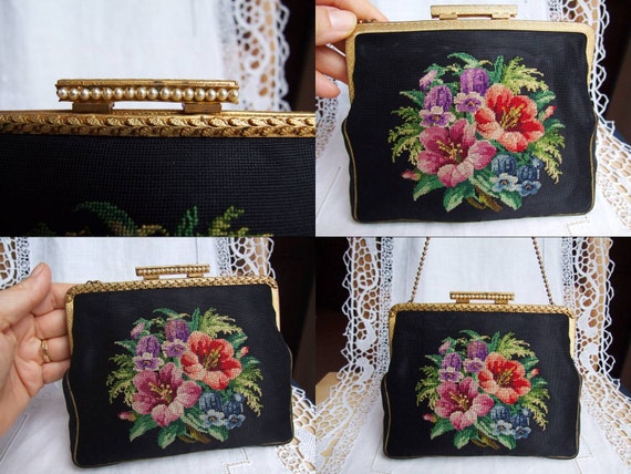 Italian black floral embroidered needlepoint peti… - image 4