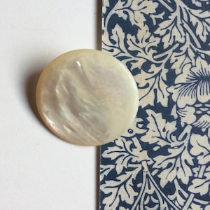 May include: A circular button with a smooth, iridescent surface that displays a pearlescent white and cream colour palette. The button has a polished finish and a slightly domed shape, reflecting light across its textured, organic-looking surface.