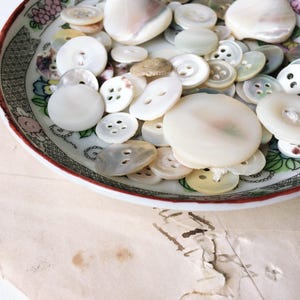 May include: A collection of assorted white and iridescent mother-of-pearl buttons of varying sizes and shapes, featuring two-hole and four-hole designs, resting inside a shallow ceramic bowl decorated with a floral pattern and a dark red rim.