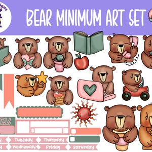 Puede incluir: Un conjunto de clipart digital que presenta osos marrones en varias actividades, incluyendo leer, sostener un corazón, tomar café y conducir un automóvil. El clipart está diseñado en un estilo minimalista con contornos simples y colores brillantes. El texto "BEAR MINIMUM ART SET" está incluido en la imagen.