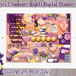 Könnte beinhalten: Ein digitales Planer-Paket mit Sommerthema. Das Bild zeigt einen Tablet-Bildschirm mit einer Vielzahl von bunten Stickern, darunter Wochentage, Herzen, Sterne und einen Mond. Der Text "Fireflies & Summer Nights Digital Planner Pack" befindet sich oben im Bild.