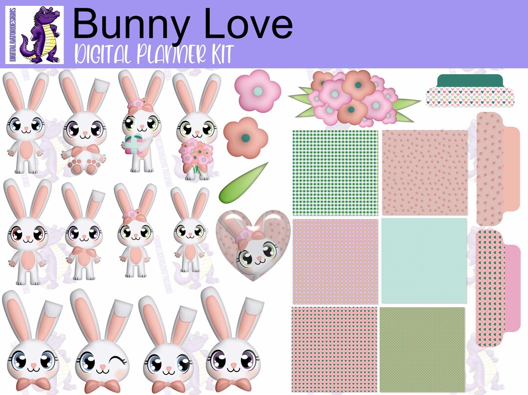 Bunny Love Digital Planner Sticker Kit | Kawaii Bunny Stickers | Pastel ...