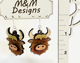 absolutely adorable highland cow wooden earrings