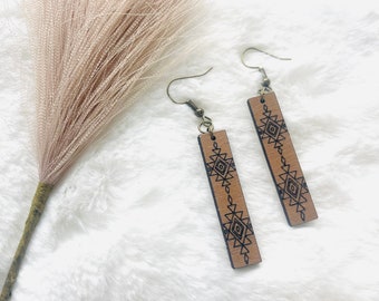 Beautiful walnut wood Aztec plank earrings